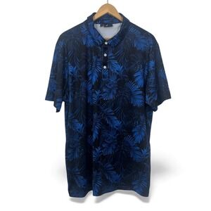YATTA GOLF Men's Large Blue Black Tropical Leaf Print Short Sleeve Polo Shirt